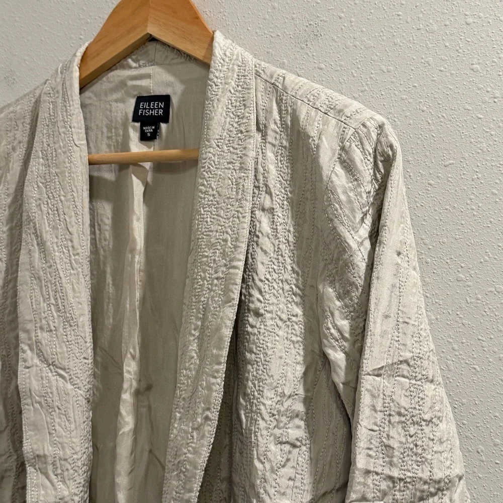 Eileen Fisher Size Small Beige 100% Silk Textured Open Front Blazer Jacket Lux